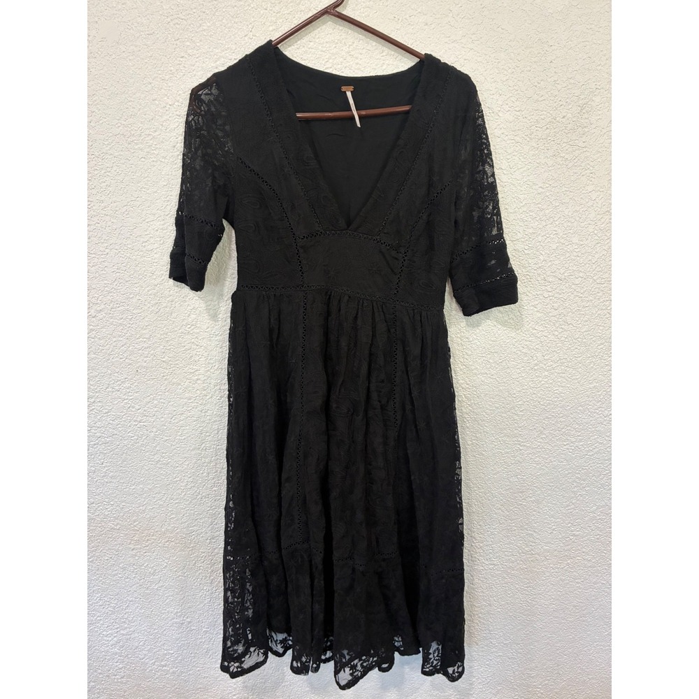 Free People Black Lace V-Neck Mini Dress Elbow Sleeve Fit Flare Size 4